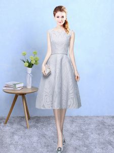 Dynamic Tea Length Empire Sleeveless Grey Court Dresses for Sweet 16 Zipper