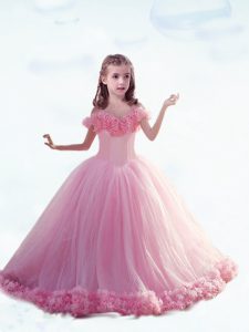 Tulle Sleeveless Girls Pageant Dresses Court Train and Hand Made Flower