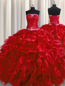 Extravagant Wine Red Quinceanera Dress Military Ball and Sweet 16 and Quinceanera with Beading and Ruffles Strapless Sleeveless Lace Up