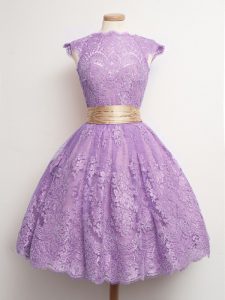 Lavender Ball Gowns Lace High-neck Cap Sleeves Belt Knee Length Lace Up Vestidos de Damas