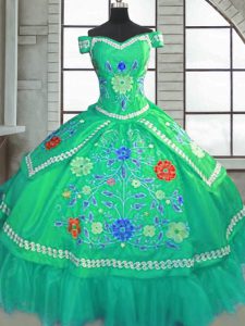 Graceful Taffeta Sweetheart Short Sleeves Lace Up Beading and Embroidery 15 Quinceanera Dress in Green