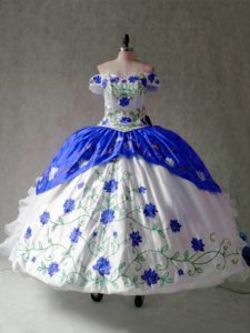 Blue And White Cap Sleeves Embroidery and Ruffles Floor Length Sweet 16 Dress