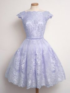 Luxury Lavender Lace Lace Up Scalloped Cap Sleeves Knee Length Quinceanera Dama Dress Lace