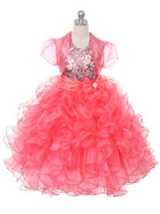 Sleeveless Floor Length Ruffles and Sequins and Bowknot Lace Up Pageant Dress Toddler with Coral Red