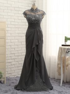 Fashionable Floor Length Column/Sheath Cap Sleeves Black Mother of the Bride Dress Zipper