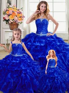 Royal Blue Organza Lace Up Strapless Sleeveless Floor Length Quinceanera Dresses Beading and Ruffles