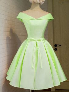 Cap Sleeves Taffeta Knee Length Lace Up Damas Dress in Yellow Green with Belt