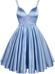 Knee Length Light Blue Quinceanera Court of Honor Dress Spaghetti Straps Sleeveless Lace Up