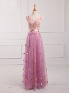 Lilac Lace Up V-neck Lace and Appliques Damas Dress Tulle Sleeveless