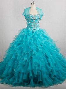 Fabulous Organza Sweetheart Sleeveless Brush Train Lace Up Beading and Ruffles Sweet 16 Dress in Aqua Blue