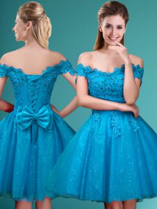 Aqua Blue Tulle Lace Up Quinceanera Court of Honor Dress Cap Sleeves Knee Length Lace and Belt