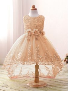 Fantastic Champagne Girls Pageant Dresses Wedding Party with Lace and Bowknot and Hand Made Flower Scoop Sleeveless Zipper