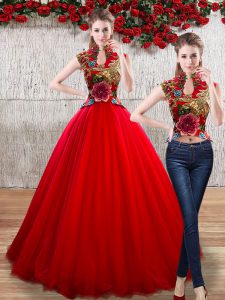 Red Organza Lace Up High-neck Sleeveless Floor Length Quinceanera Gown Appliques