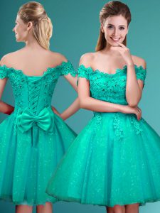 Wonderful Knee Length Lace Up Damas Dress Turquoise for Prom and Party with Lace and Belt
