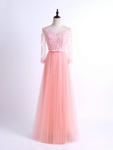 Pink Tulle Lace Up Court Dresses for Sweet 16 Half Sleeves Floor Length Lace