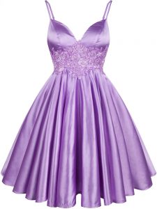Luxury Lilac Sleeveless Elastic Woven Satin Lace Up Dama Dress for Prom and Party and Wedding Party