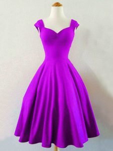High End Sleeveless Taffeta Knee Length Lace Up Quinceanera Dama Dress in Eggplant Purple with Ruching
