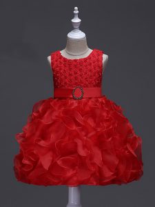 Knee Length Red Little Girl Pageant Dress Organza Sleeveless Ruffles and Belt