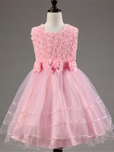 Fantastic Baby Pink Ball Gowns Tulle Scoop Sleeveless Ruffled Layers and Hand Made Flower Knee Length Zipper Kids Pageant Dress