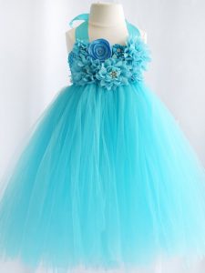 Popular Knee Length Side Zipper Girls Pageant Dresses Aqua Blue for Wedding Party with Hand Made Flower