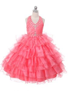 Halter Top Sleeveless Lace Up Kids Formal Wear Coral Red Organza