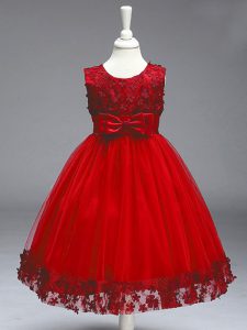 A-line Flower Girl Dresses Wine Red Scoop Tulle Sleeveless Knee Length Zipper