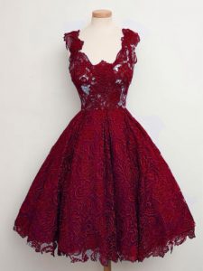Wine Red Straps Lace Up Lace Damas Dress Sleeveless