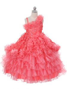Floor Length Ball Gowns Sleeveless Watermelon Red Little Girls Pageant Gowns Lace Up
