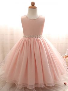 Pink Sleeveless Beading Floor Length Little Girl Pageant Dress