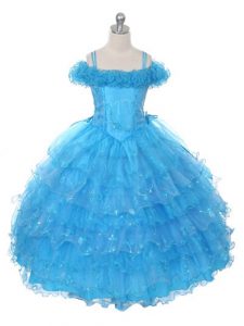 Baby Blue Sleeveless Floor Length Ruffles and Ruffled Layers Lace Up Pageant Dress