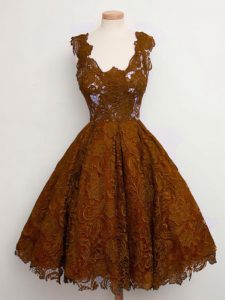 Straps Sleeveless Court Dresses for Sweet 16 Knee Length Lace Brown Lace
