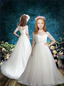 Enchanting White Half Sleeves Tulle Brush Train Zipper Flower Girl Dresses for Less for Wedding Party