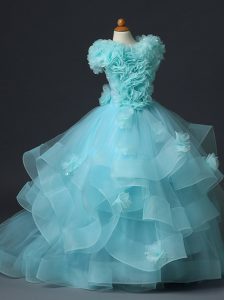 Aqua Blue Lace Up Girls Pageant Dresses Ruffles and Hand Made Flower Sleeveless Floor Length
