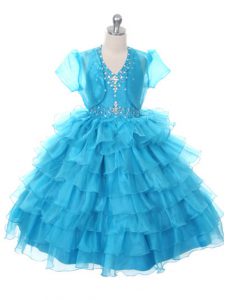 Baby Blue Little Girls Pageant Dress Wholesale Wedding Party with Beading and Ruffled Layers and Bowknot Halter Top Sleeveless Lace Up
