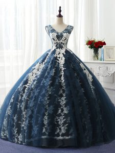 High Quality Navy Blue Organza and Taffeta and Chiffon and Tulle Lace Up Scoop Sleeveless Floor Length Sweet 16 Quinceanera Dress Ruffles and Pattern