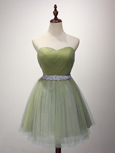 Olive Green Sweetheart Neckline Beading and Ruching Dama Dress Sleeveless Lace Up