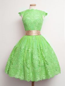 Modern Green Cap Sleeves Lace Lace Up Dama Dress for Prom and Party and Wedding Party