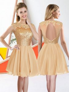 Champagne Chiffon Backless Bateau Sleeveless Knee Length Dama Dress for Quinceanera Beading and Lace