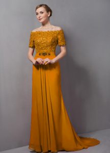 Wonderful Gold Empire Chiffon Off The Shoulder Short Sleeves Lace Zipper Mother Dresses Sweep Train