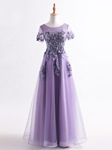 Affordable Appliques Mother of Groom Dress Lavender Backless Short Sleeves Floor Length