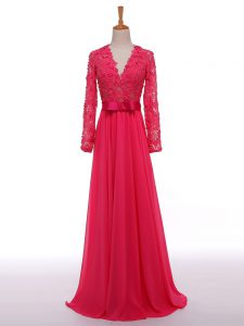 V-neck Long Sleeves Chiffon Mother of Bride Dresses Lace and Appliques and Belt Zipper