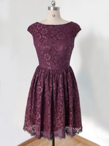 Dark Purple Empire Scoop Cap Sleeves Lace Knee Length Lace Up Lace Quinceanera Dama Dress