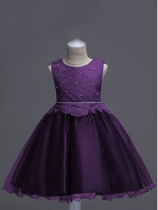 Glorious Dark Purple Organza Zipper Flower Girl Dresses Sleeveless Knee Length Lace