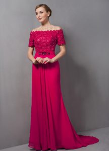 Glittering Hot Pink Short Sleeves Sweep Train Lace Mother Dresses