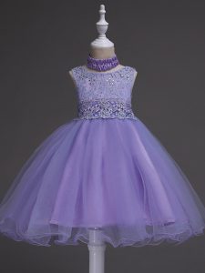 Stunning Knee Length Zipper Flower Girl Dresses Lavender for Wedding Party with Beading and Lace