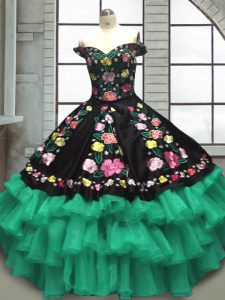 Glittering Off The Shoulder Sleeveless Organza and Taffeta Sweet 16 Dresses Embroidery and Ruffled Layers Lace Up