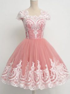 New Style Peach Court Dresses for Sweet 16 Prom and Party and Wedding Party with Lace Square Cap Sleeves Zipper