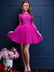 Popular Fuchsia 3 4 Length Sleeve Mini Length Beading and Lace and Appliques Lace Up Damas Dress
