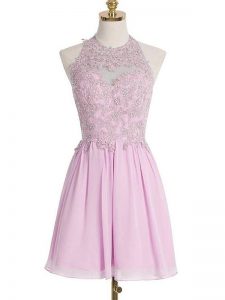 Graceful Lilac Lace Up Halter Top Appliques Dama Dress for Quinceanera Chiffon Sleeveless