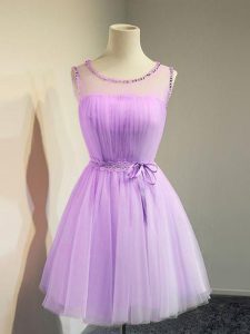 Knee Length Lavender Dama Dress for Quinceanera Scoop Sleeveless Lace Up